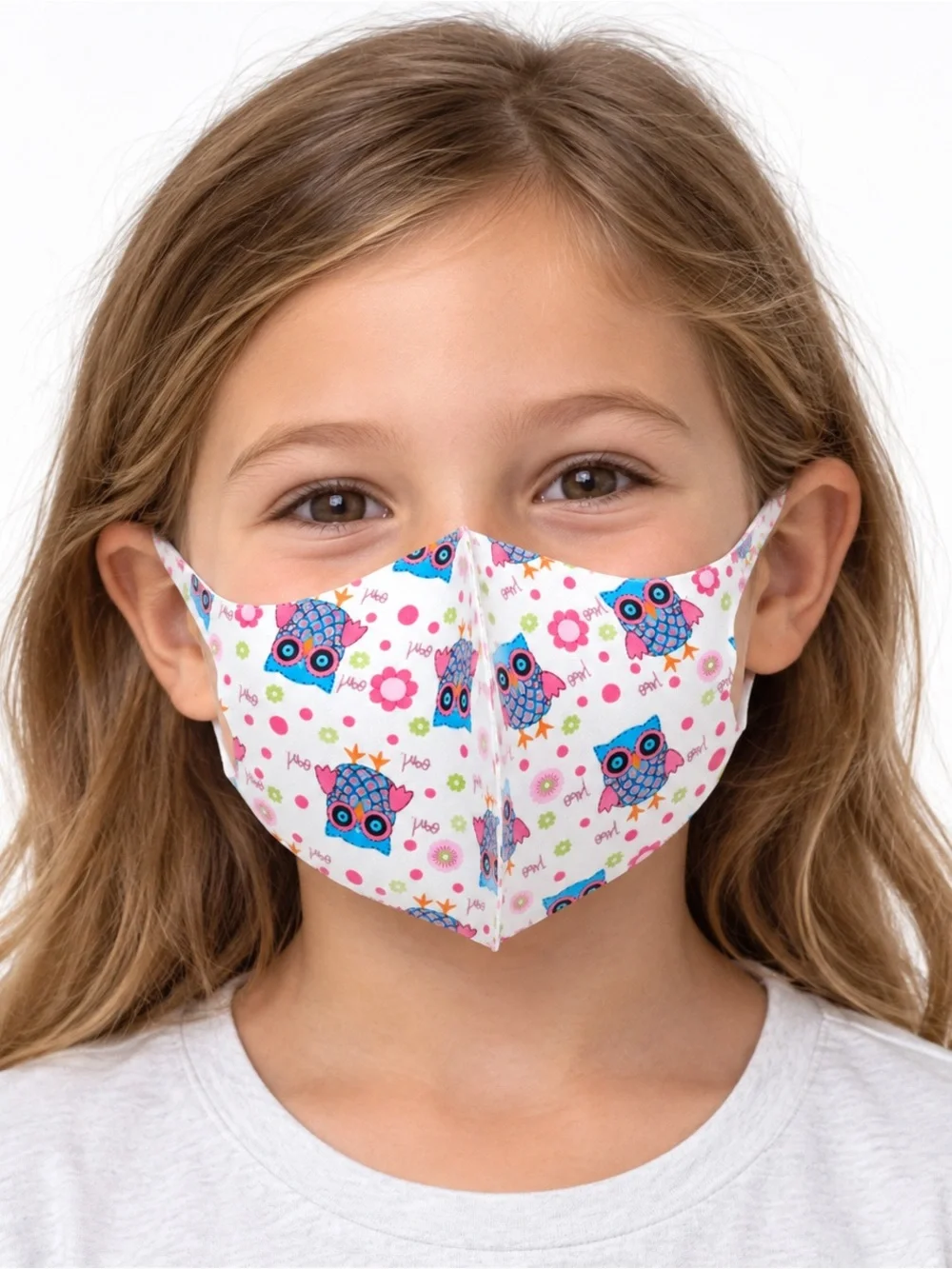 Kids White Owl Print Face Mask - Pink & Blue